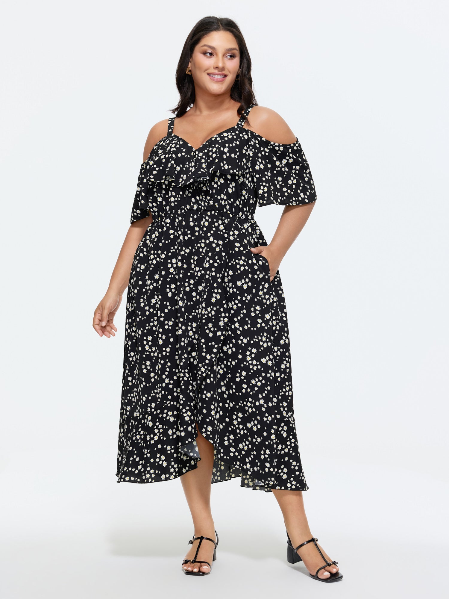 Ditsy Floral Pocket Wrap Cold Shoulder Ruffle Dress
