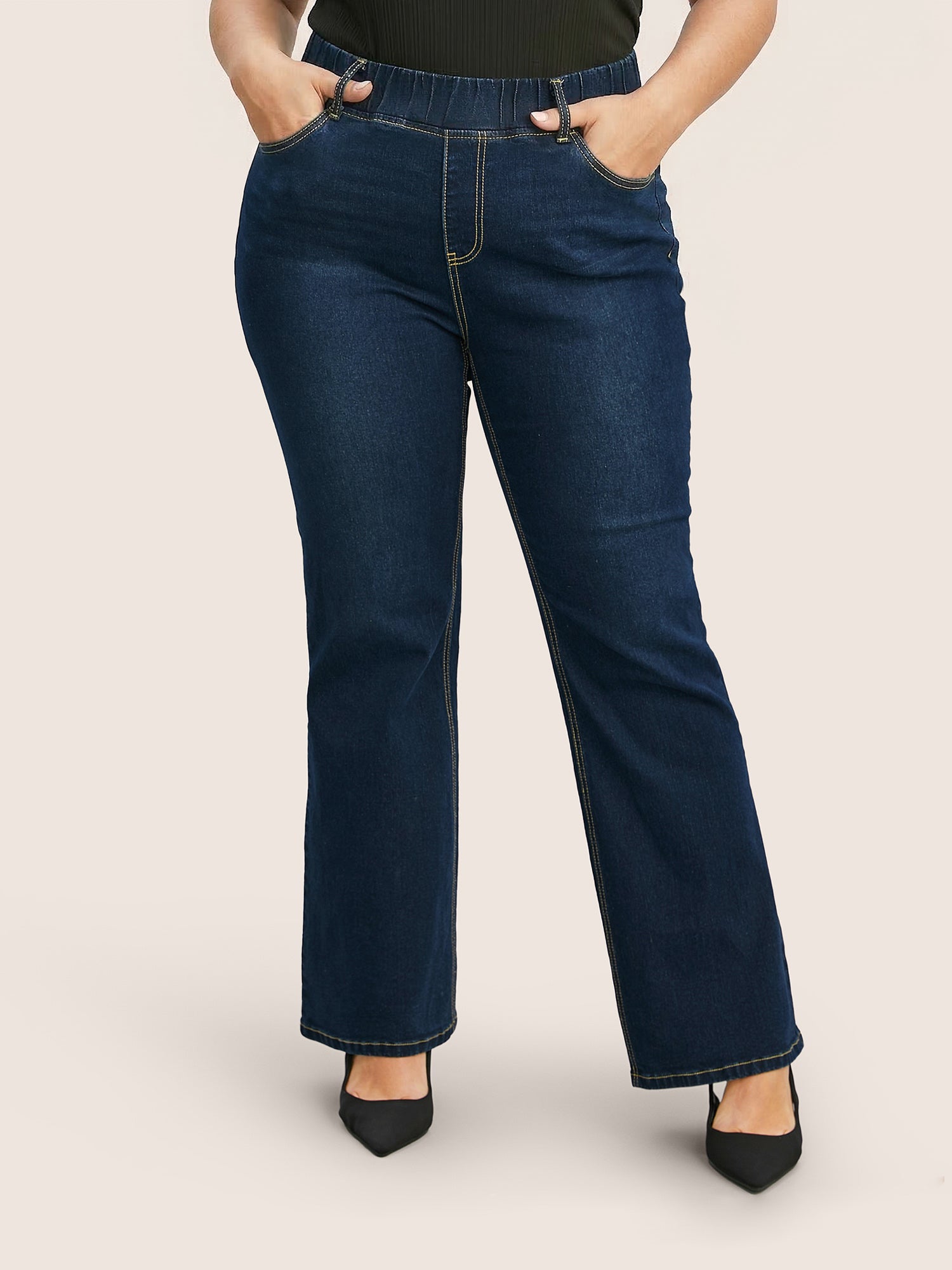 Pull-On Stretchy Waist Straight-Leg Jeans