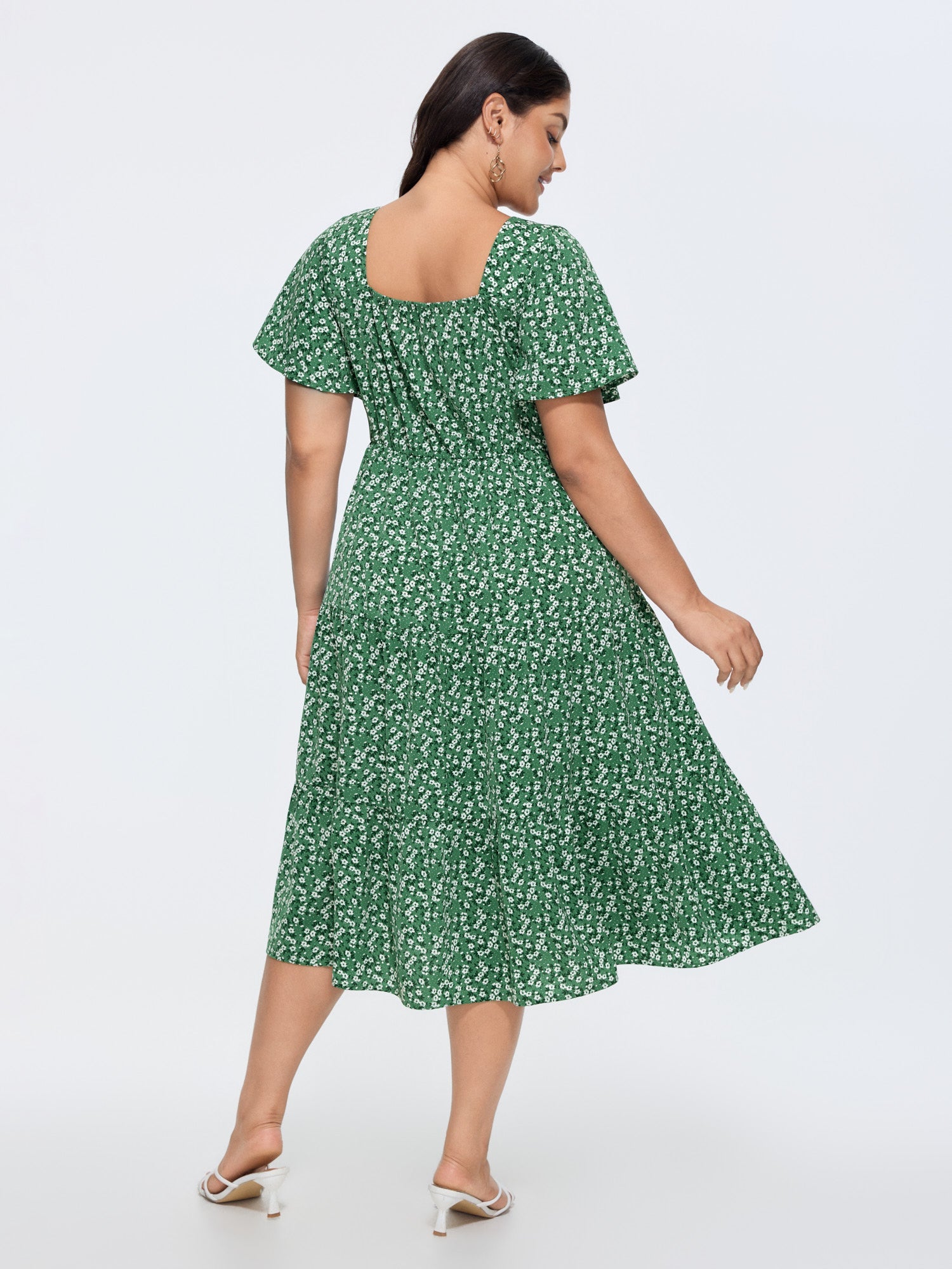 Ditsy Floral Sweetheart Drawstring Pocket Tiered Dress