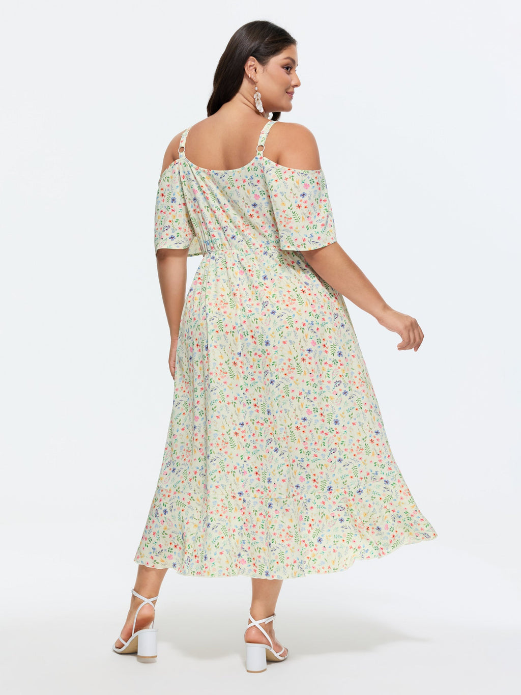 Ditsy Floral Pocket Wrap Cold Shoulder Ruffle Dress
