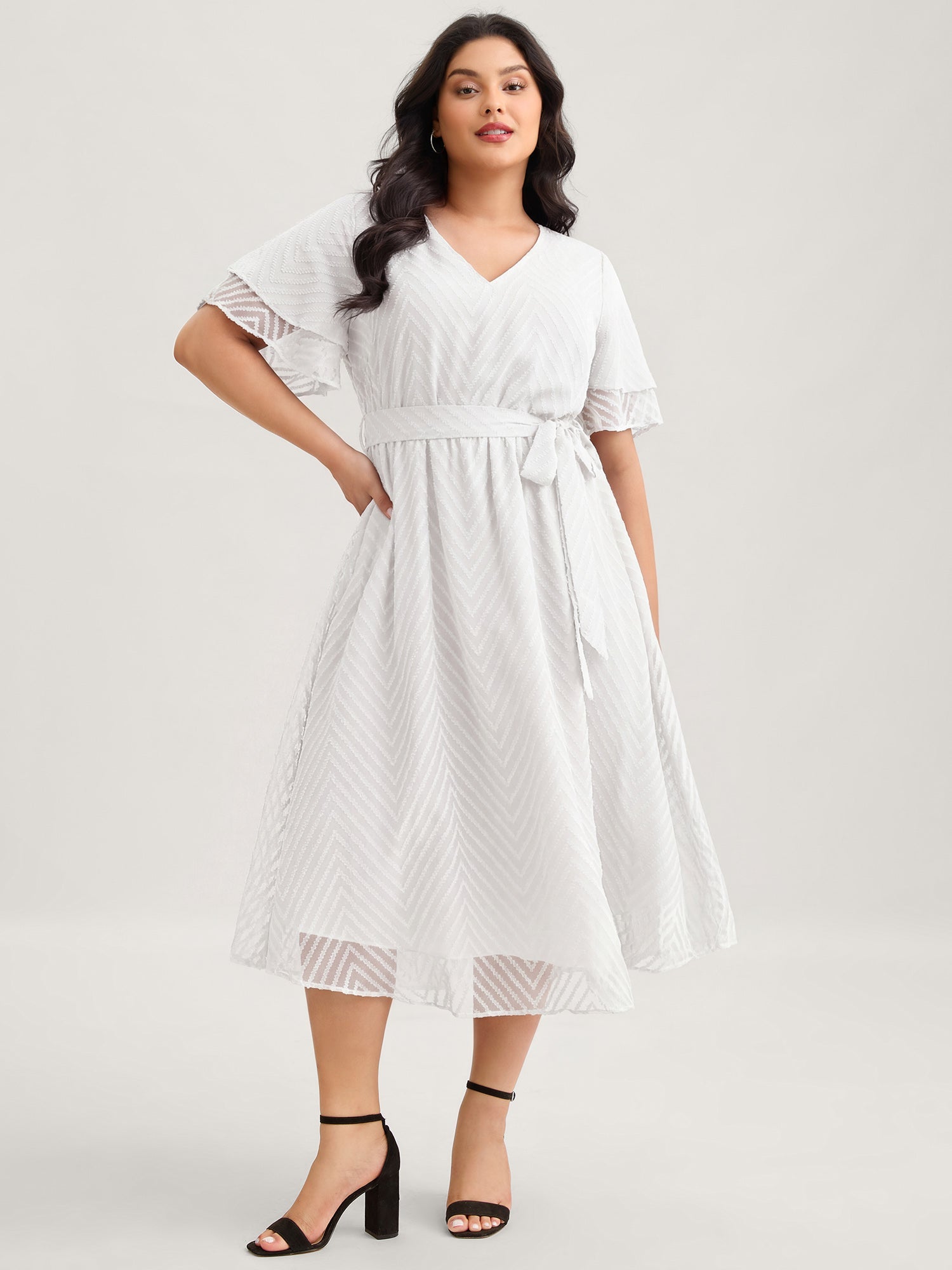 Texture Tiered Ruffle Sleeve See Through Dress