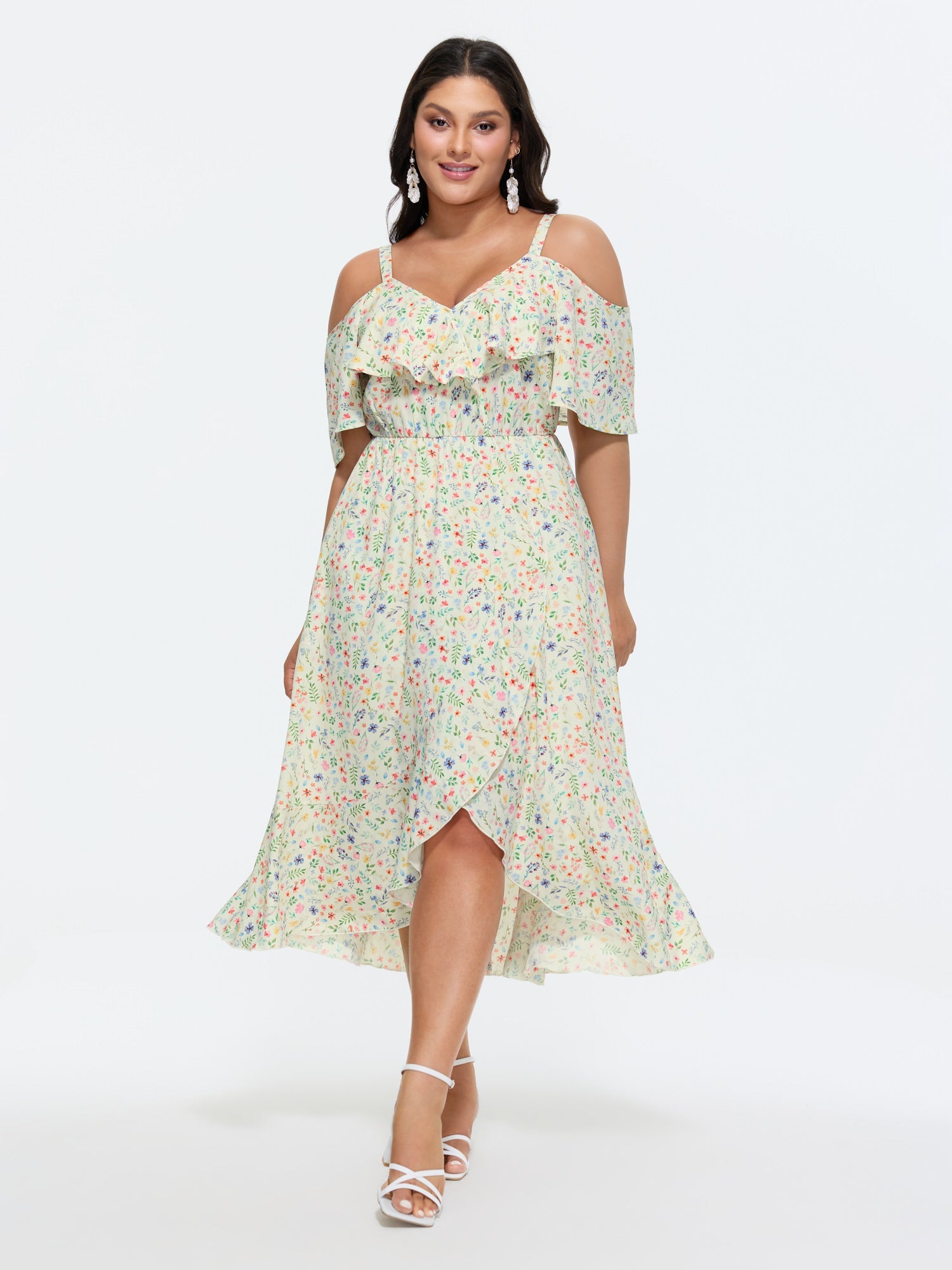 Ditsy Floral Pocket Wrap Cold Shoulder Ruffle Dress