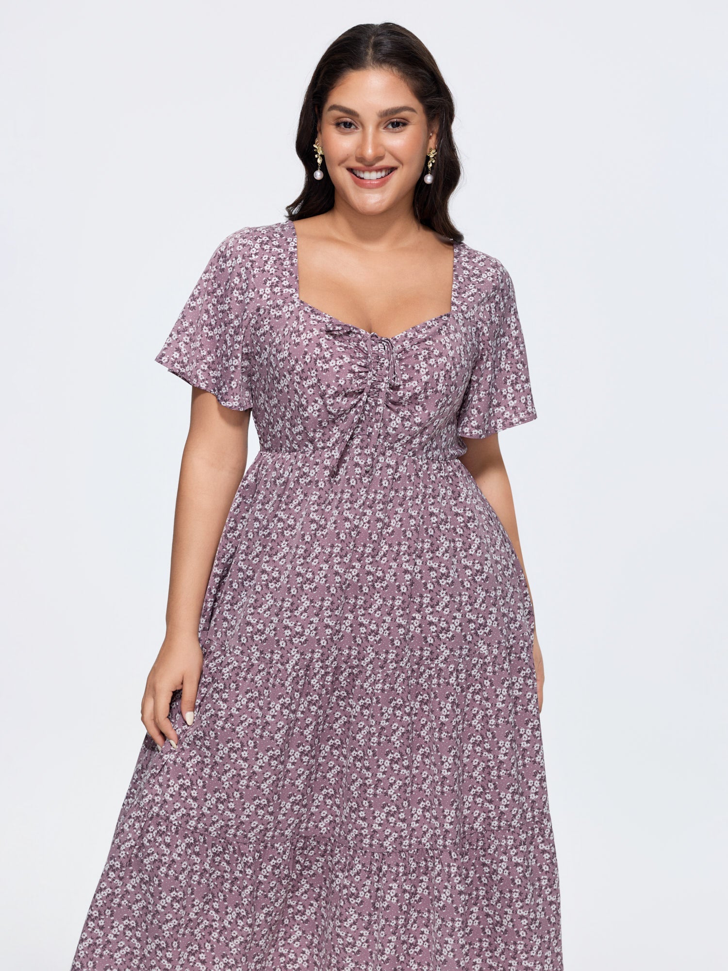 Ditsy Floral Sweetheart Drawstring Pocket Tiered Dress