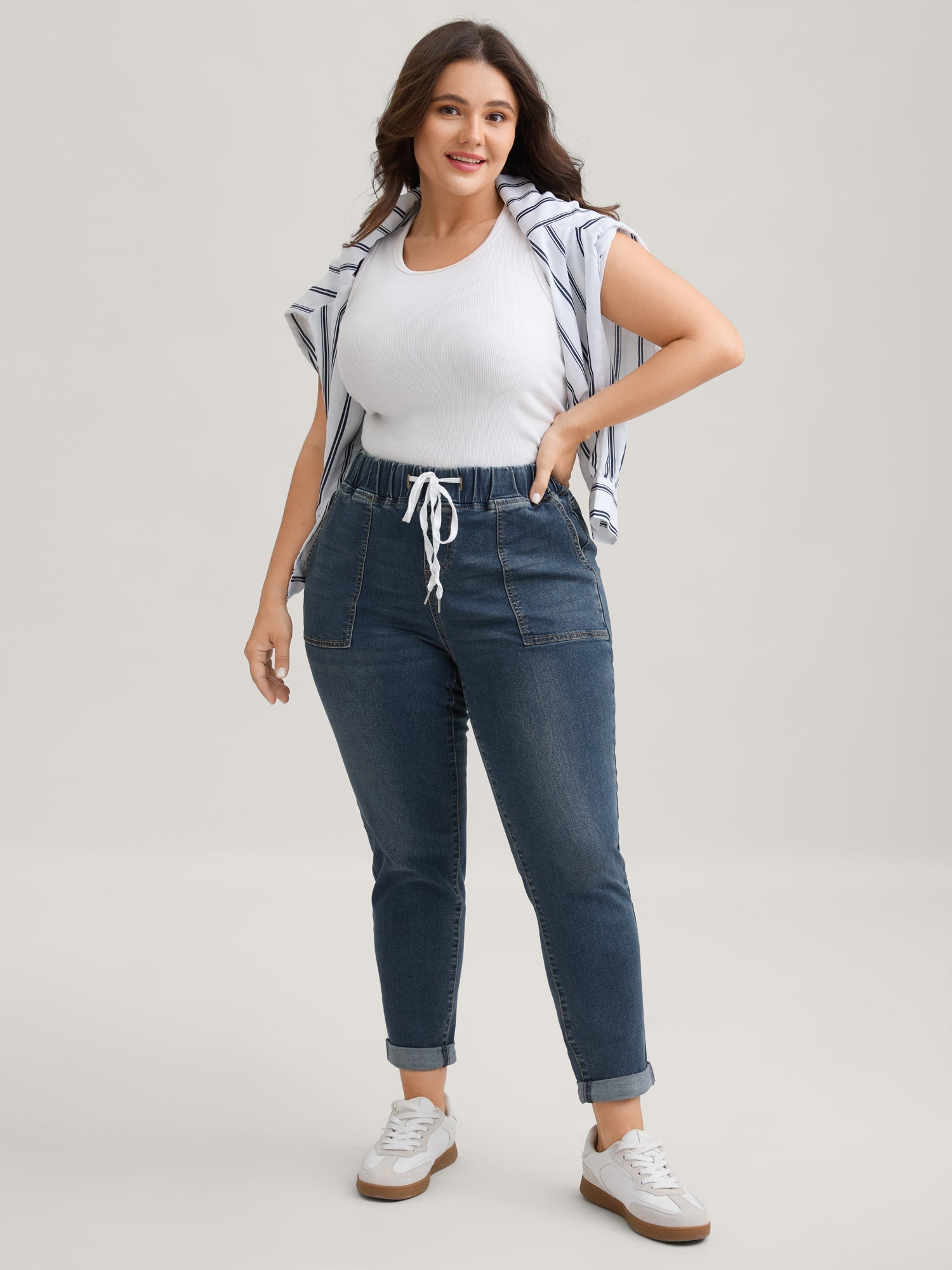 Pull-On Drawstring Folded Hem Boyfriend Jeans