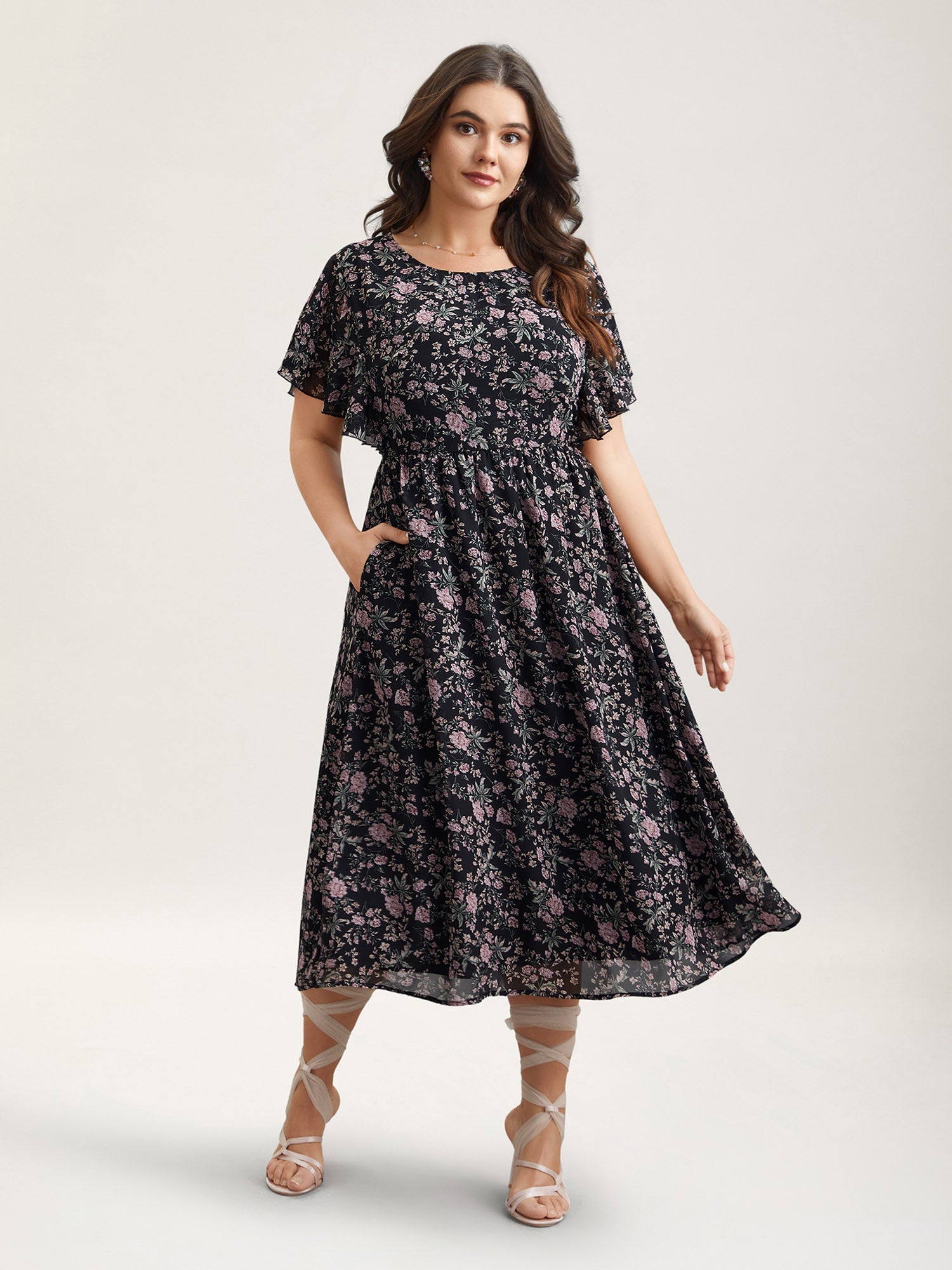 Chiffon Floral Print Ruffled Midi Dress