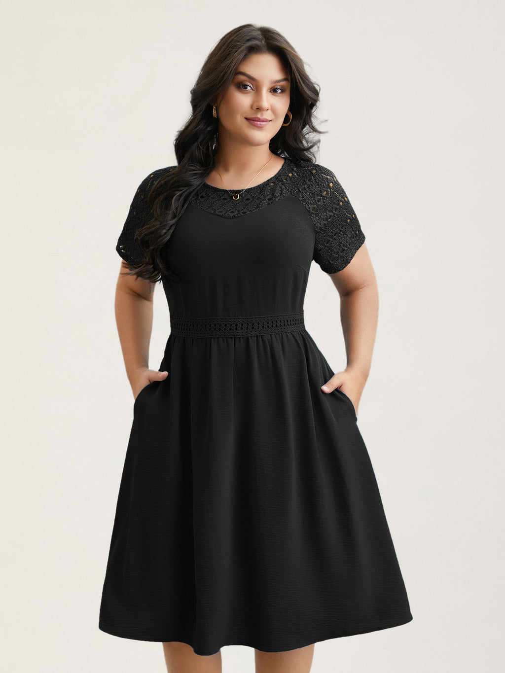 Lace Cut-Out Raglan Sleeve Pockets Mini Dress