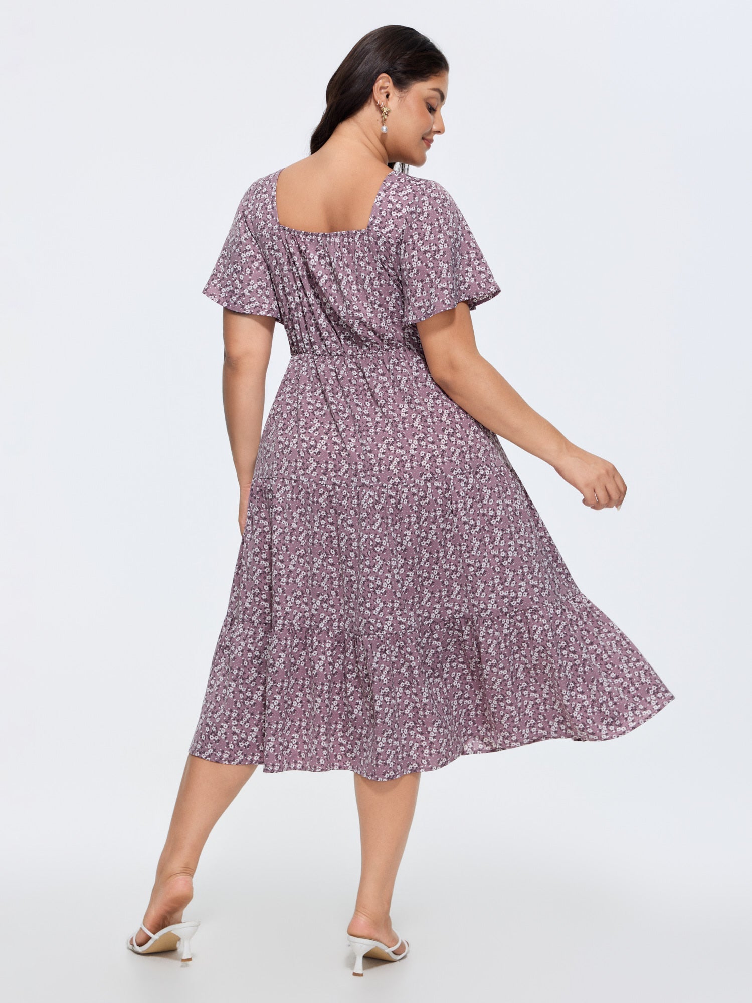 Ditsy Floral Sweetheart Drawstring Pocket Tiered Dress