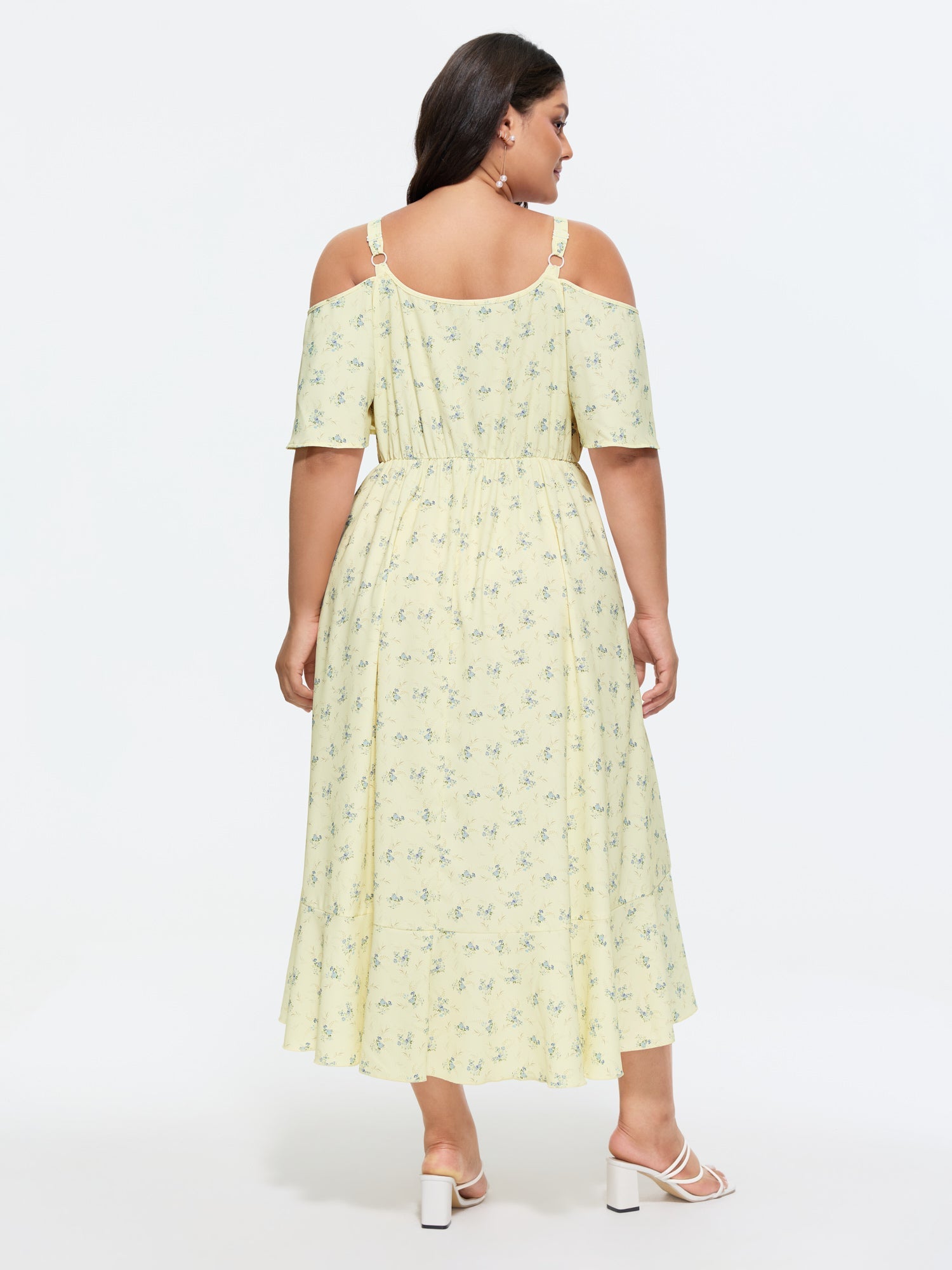 Ditsy Floral Pocket Wrap Cold Shoulder Ruffle Dress