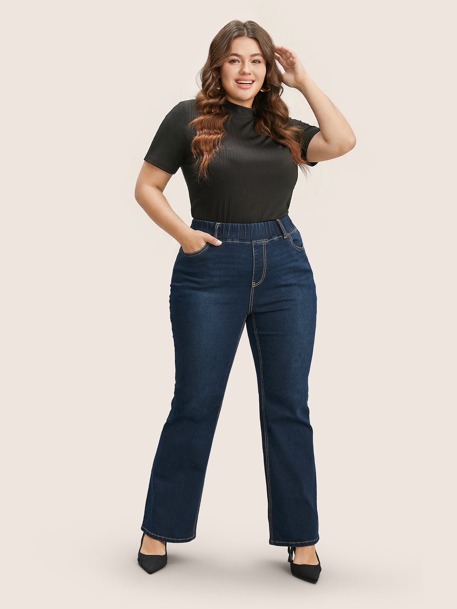 Pull-On Stretchy Waist Straight-Leg Jeans