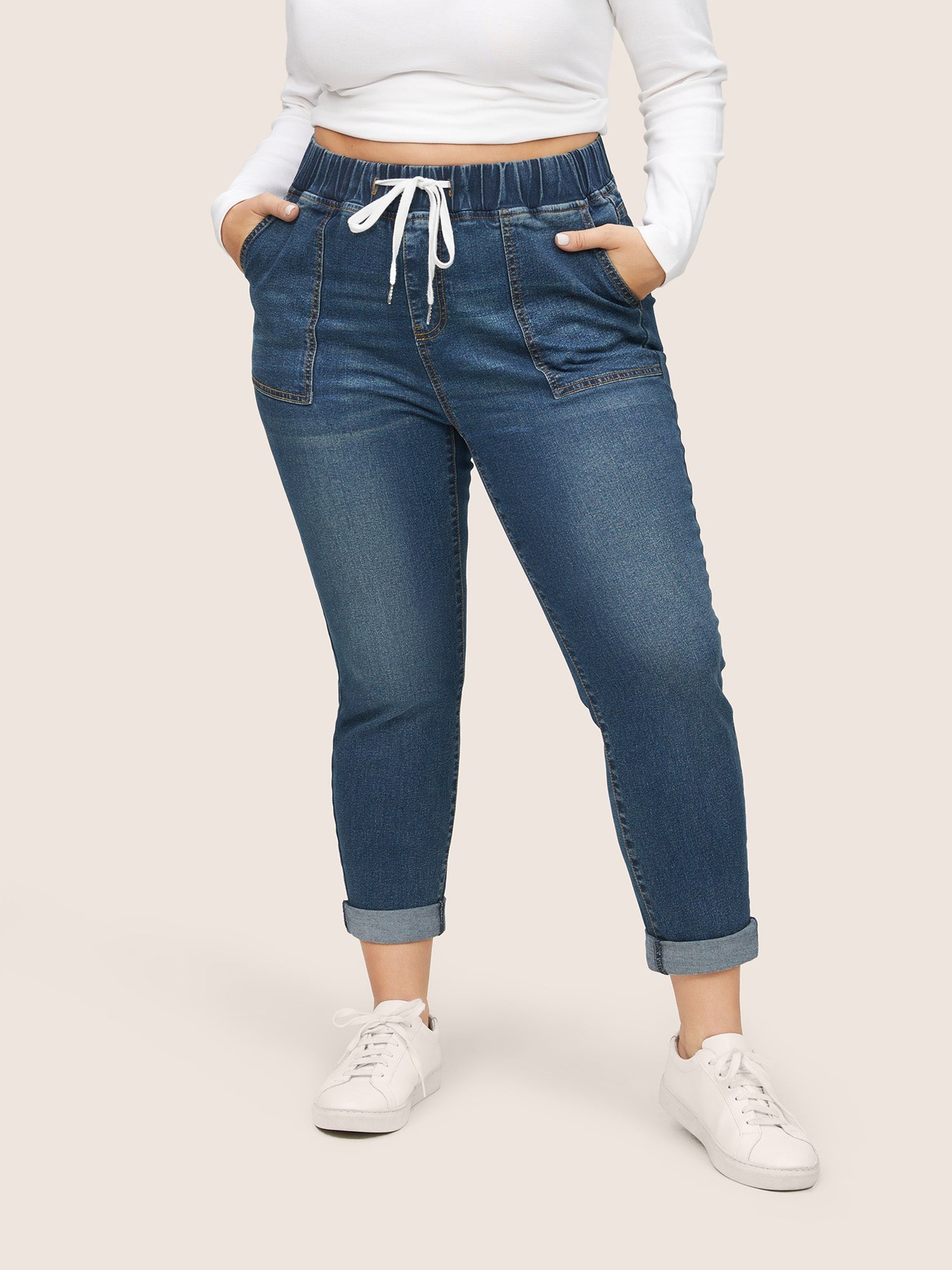 Pull-On Drawstring Folded Hem Boyfriend Jeans