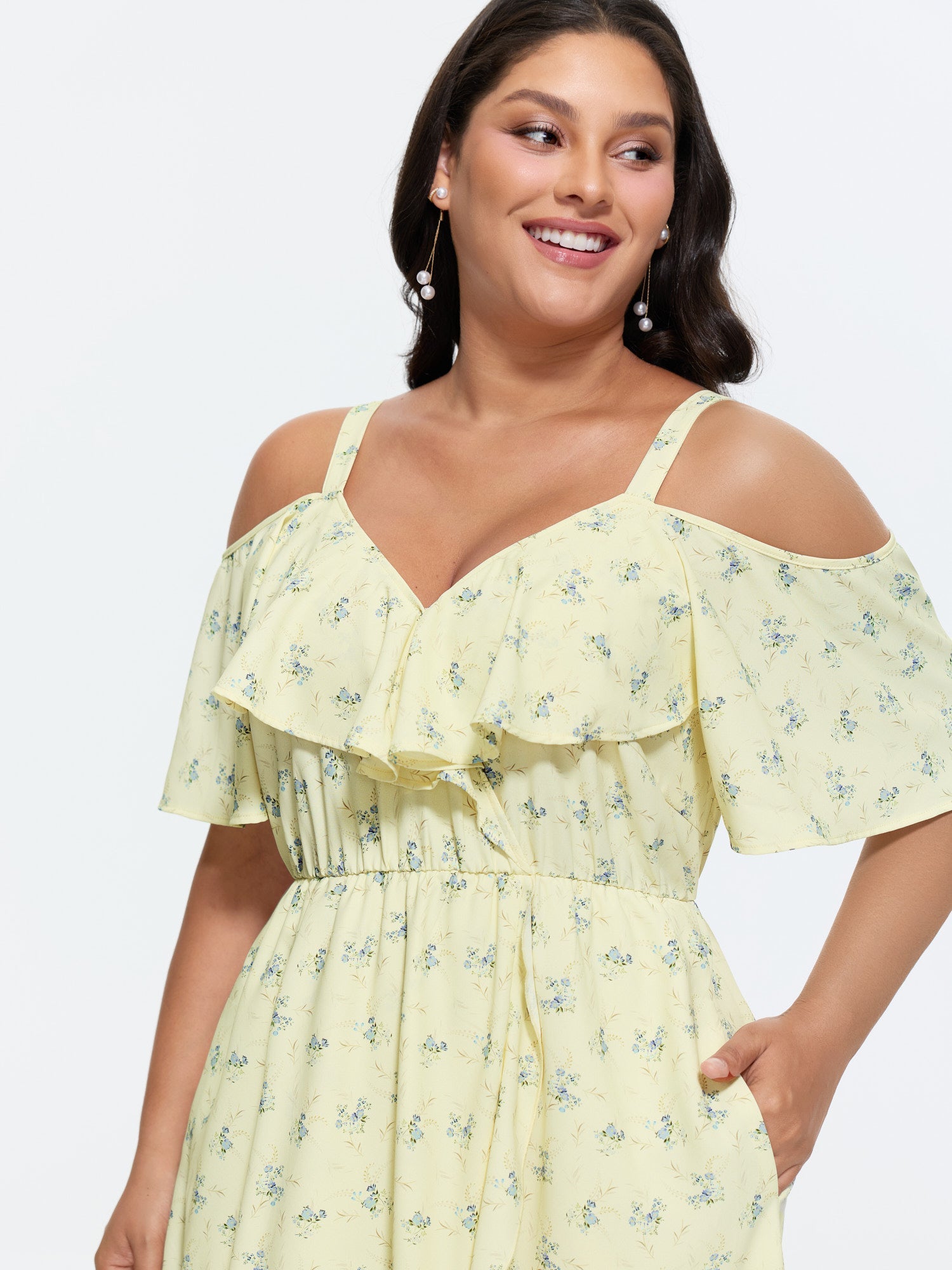 Ditsy Floral Pocket Wrap Cold Shoulder Ruffle Dress