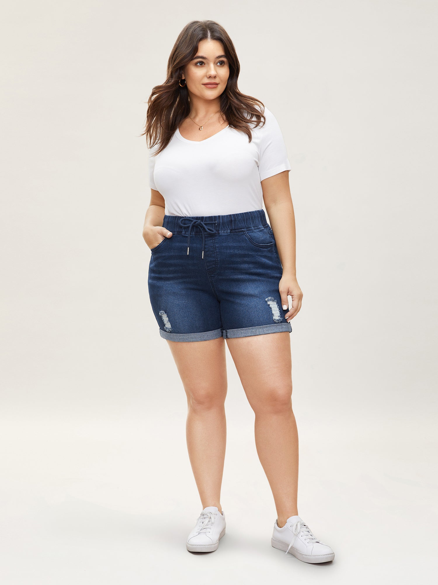 Pull-On Drawstring Elastic Waist Denim Shorts