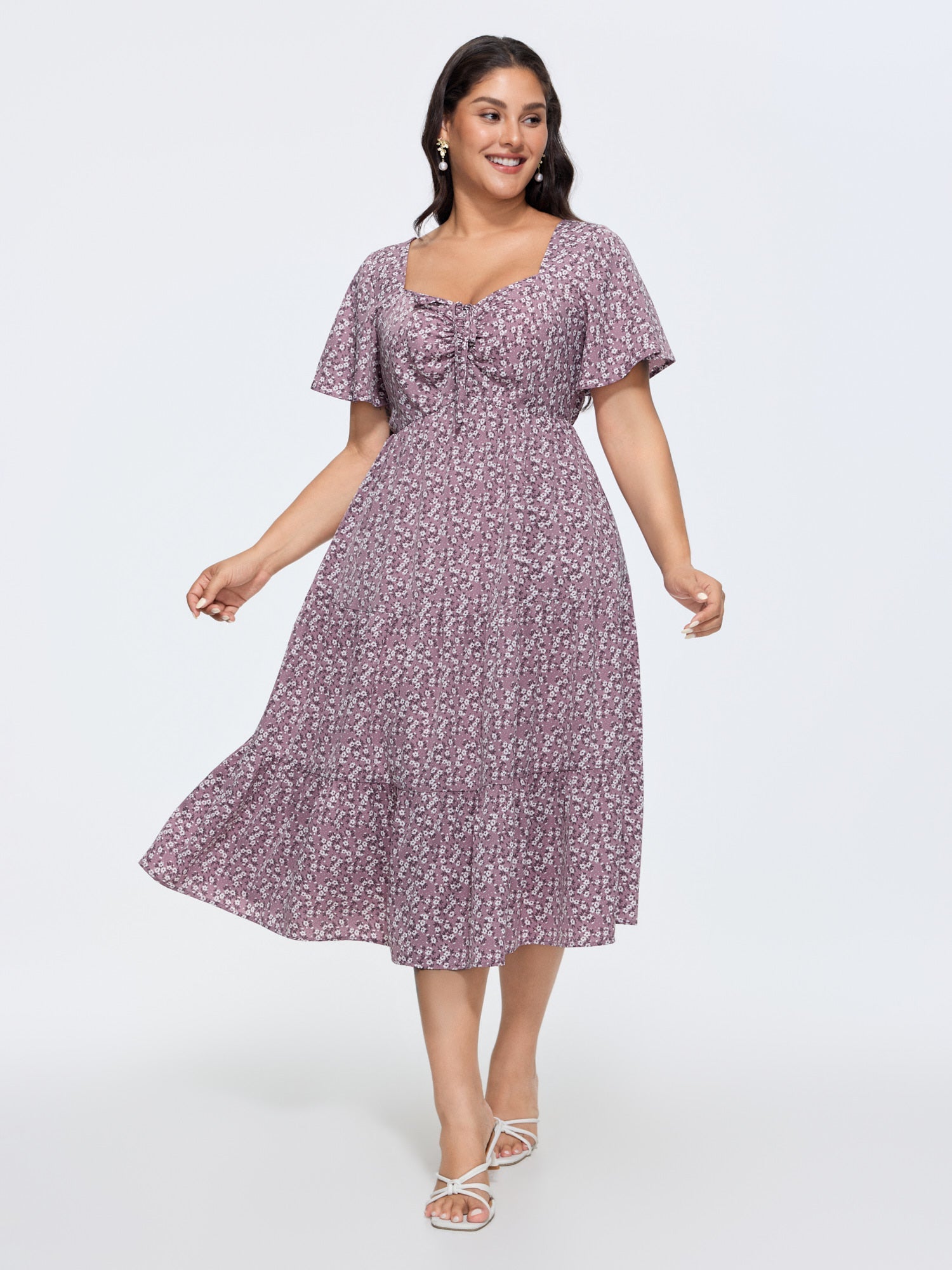 Ditsy Floral Sweetheart Drawstring Pocket Tiered Dress