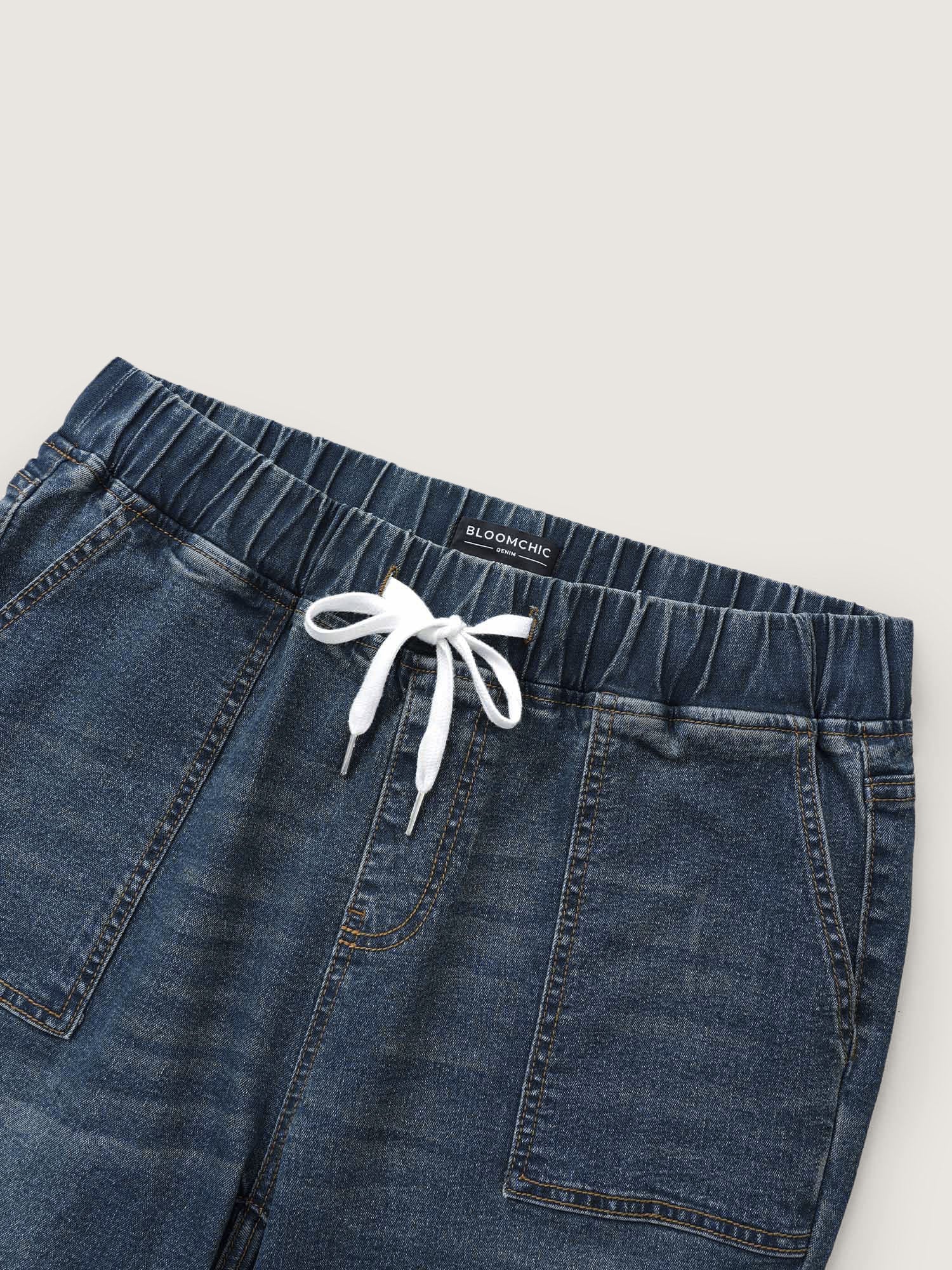 Pull-On Drawstring Folded Hem Boyfriend Jeans