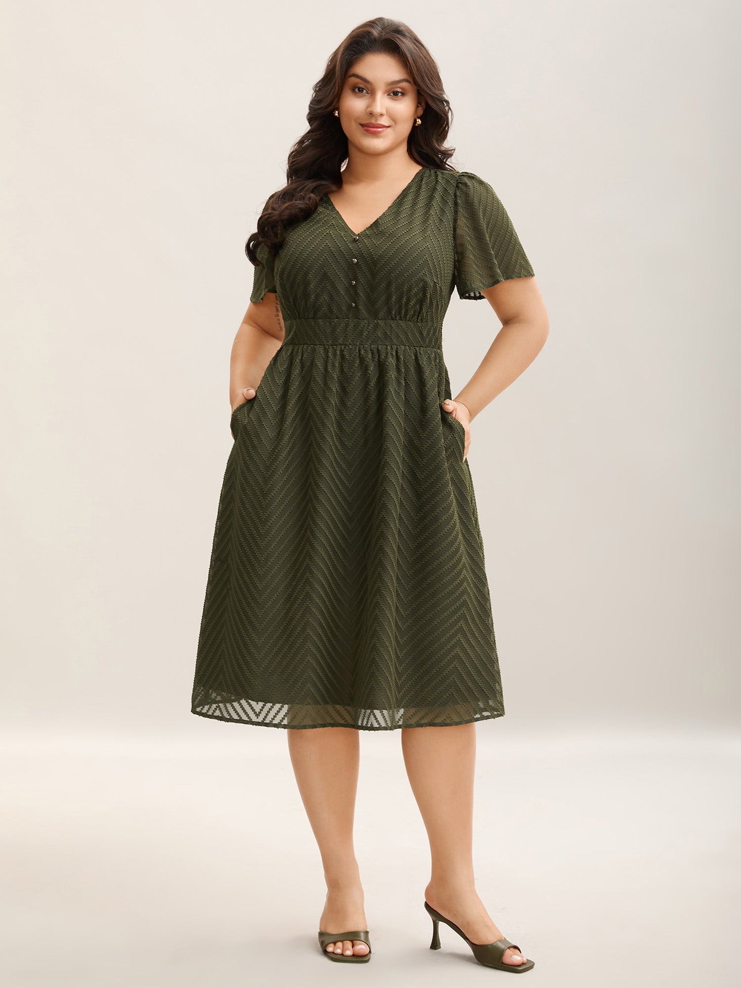Textured Woven-Like Cinched-Waist Midi Dress