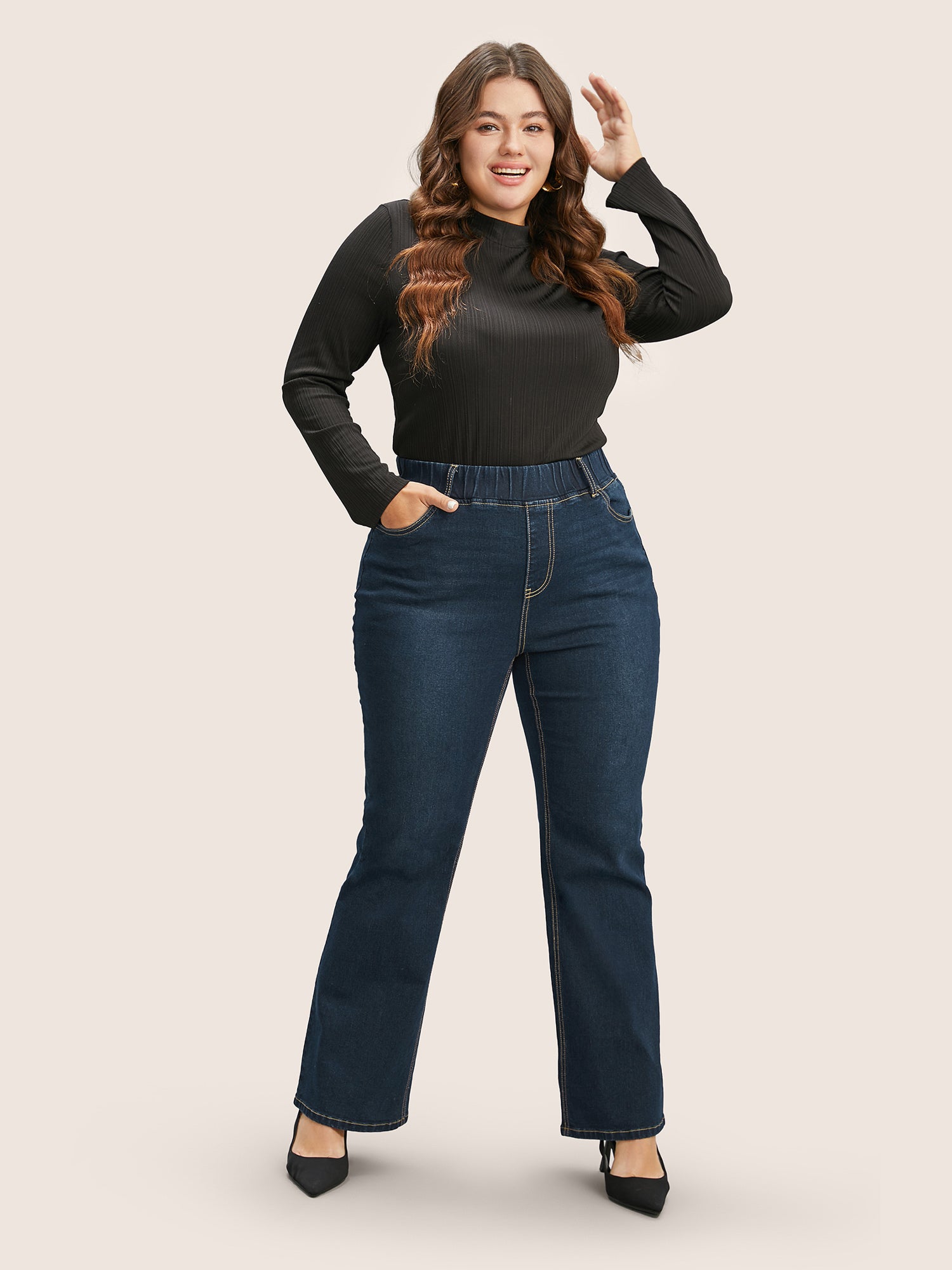Pull-On Stretchy Waist Straight-Leg Jeans