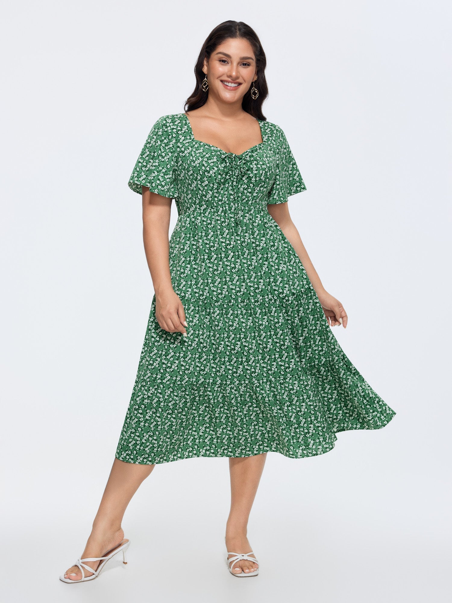 Ditsy Floral Sweetheart Drawstring Pocket Tiered Dress
