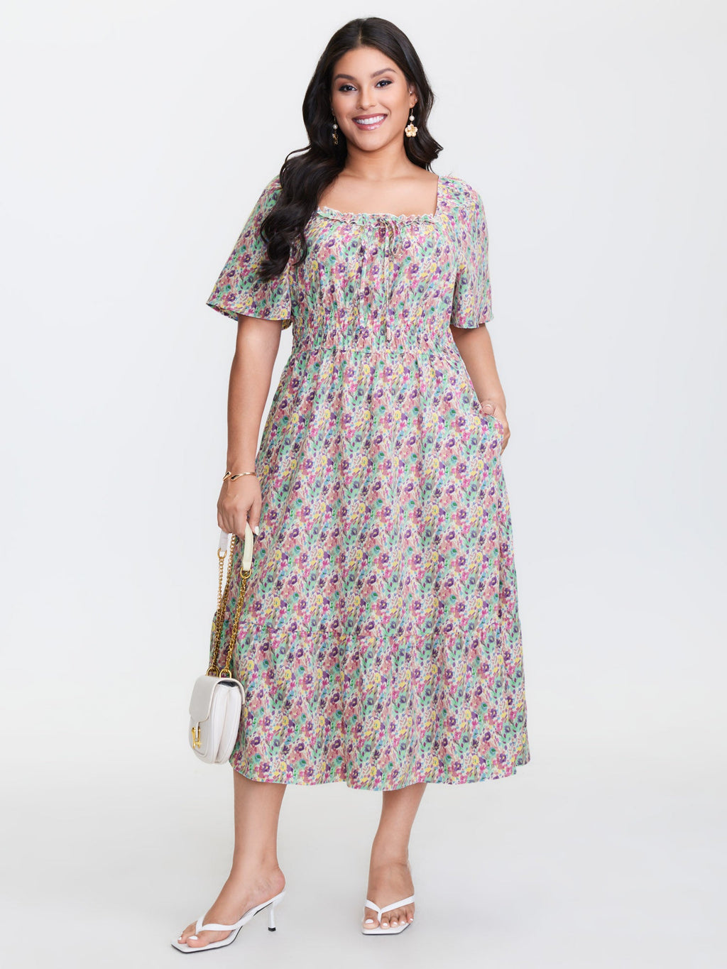 Smocked Waist Floral Ties Tiered Maxi Dress