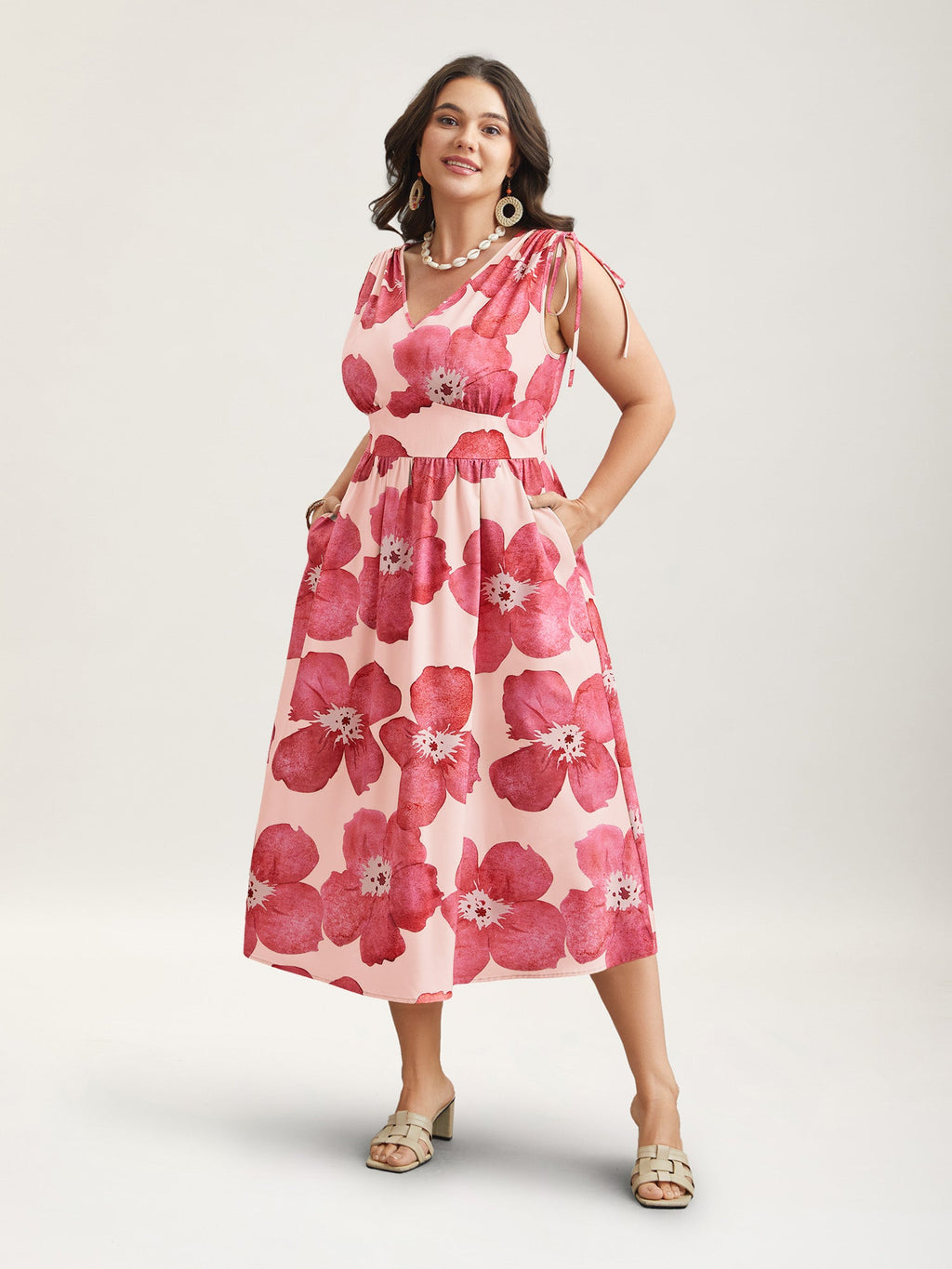 Floral Print V-Neck Tied Midi Dress