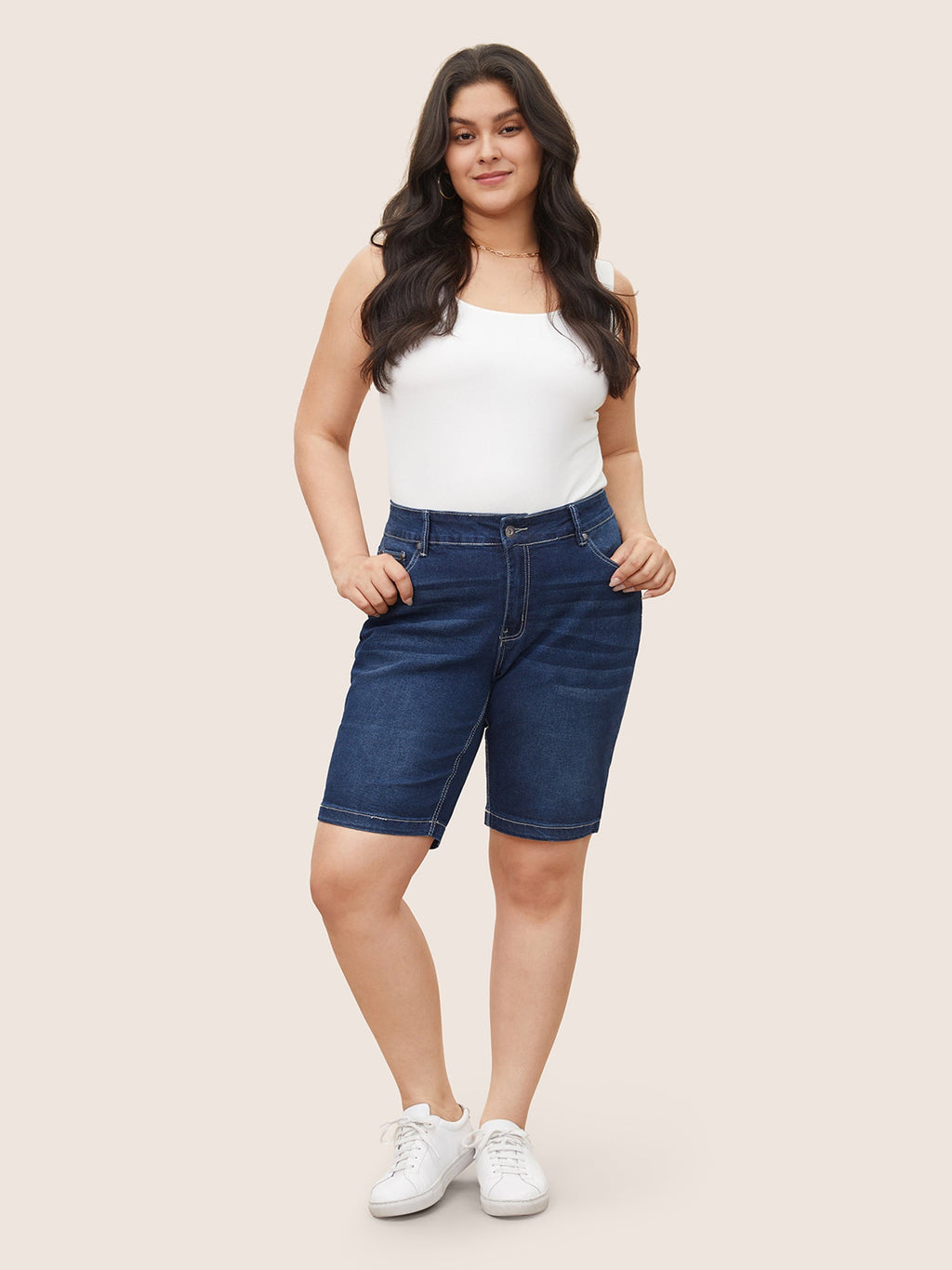 High Rise Knee-Length Skinny-Fit Denim Shorts