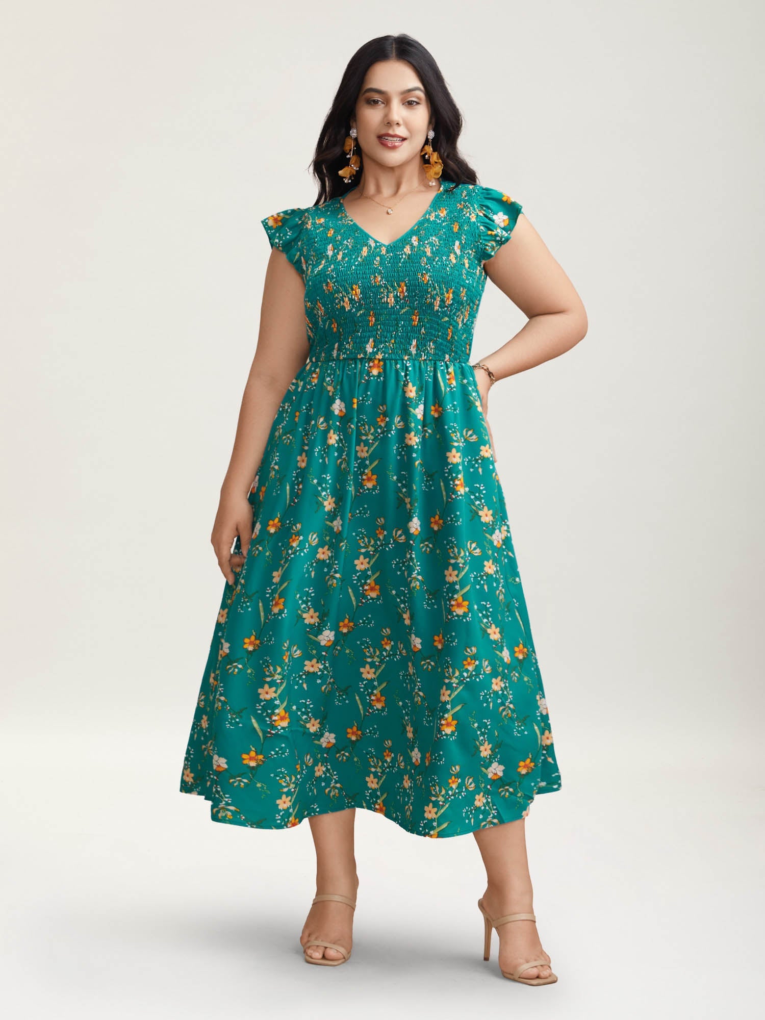 Shirred Printed Flutter Sleeve Pockets Midi Dress