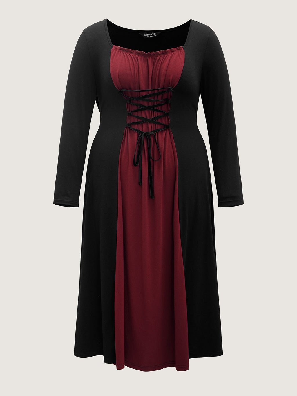 Stretchy Knit Adjustable Tie Frill Trim Midi Dress