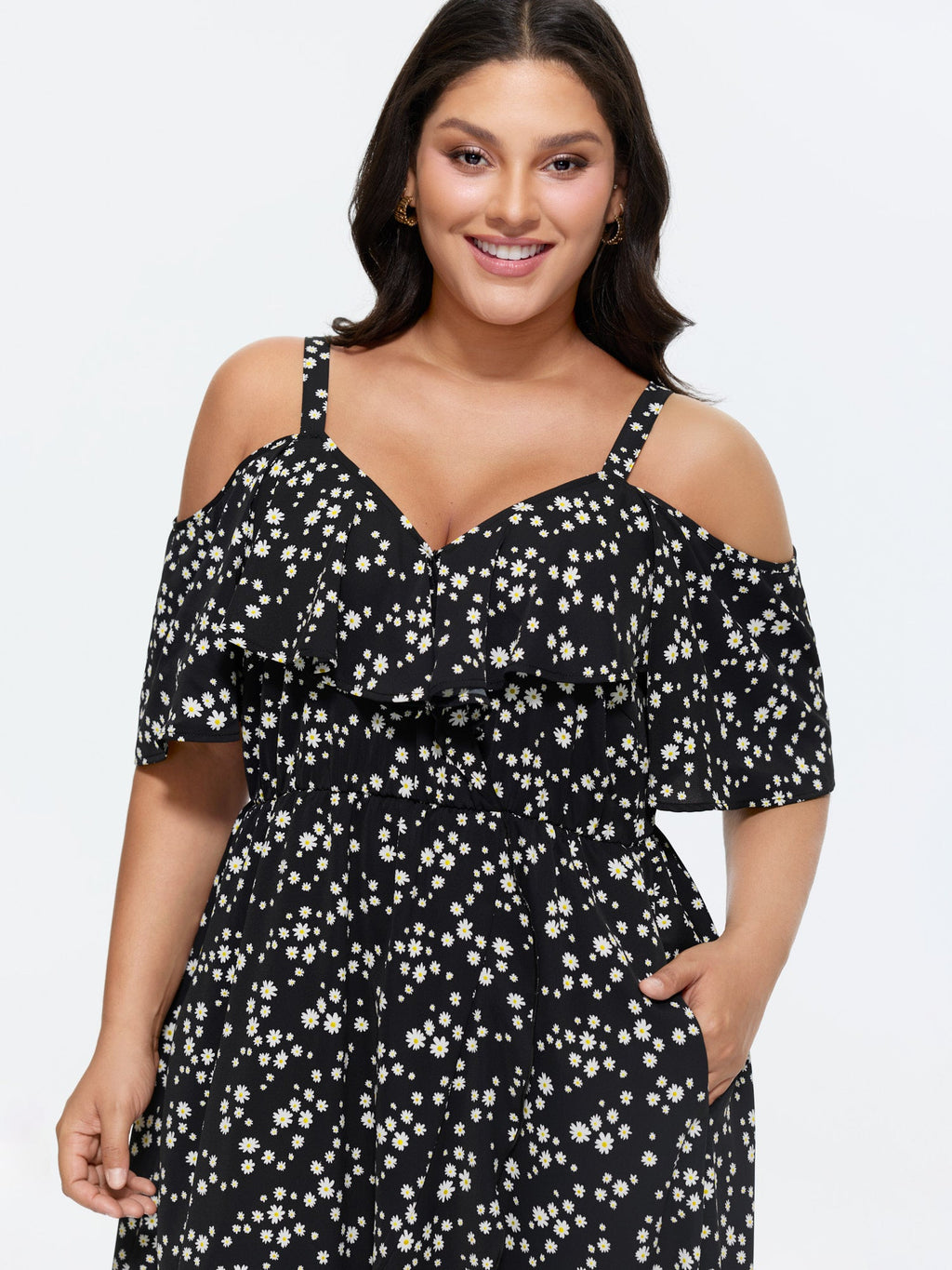 Ditsy Floral Pocket Wrap Cold Shoulder Ruffle Dress