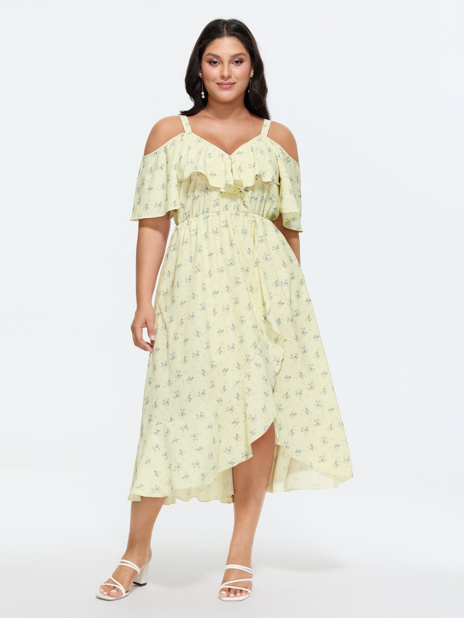 Ditsy Floral Pocket Wrap Cold Shoulder Ruffle Dress