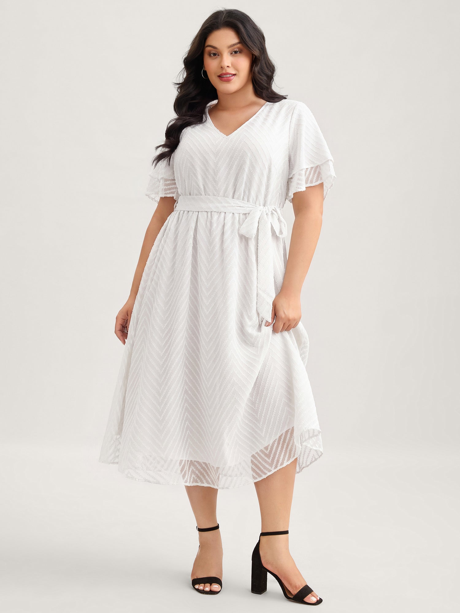 Texture Tiered Ruffle Sleeve See Through Dress