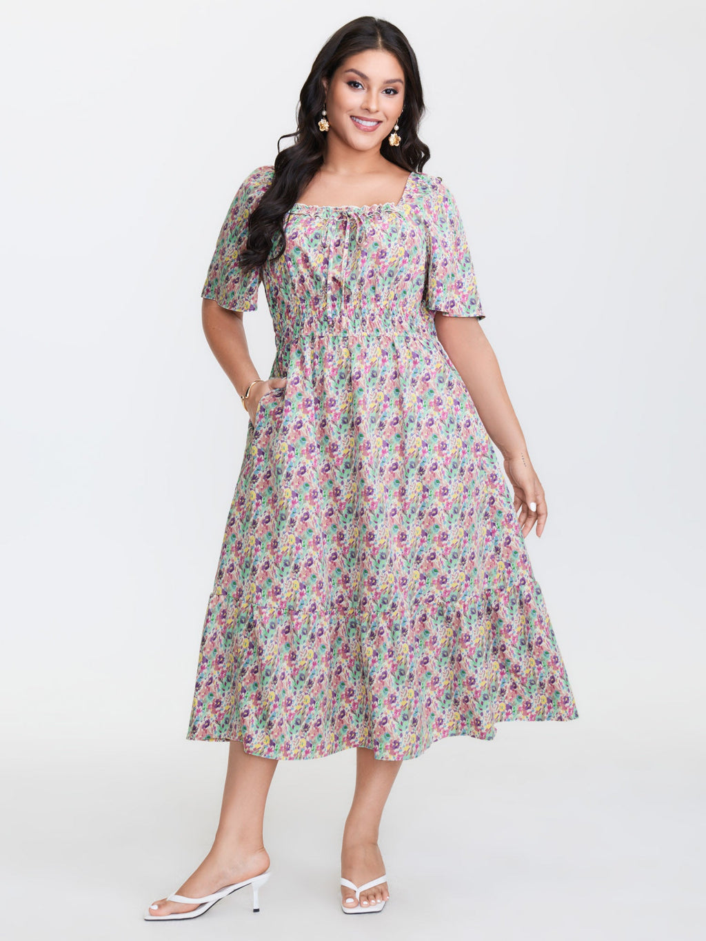 Smocked Waist Floral Ties Tiered Maxi Dress