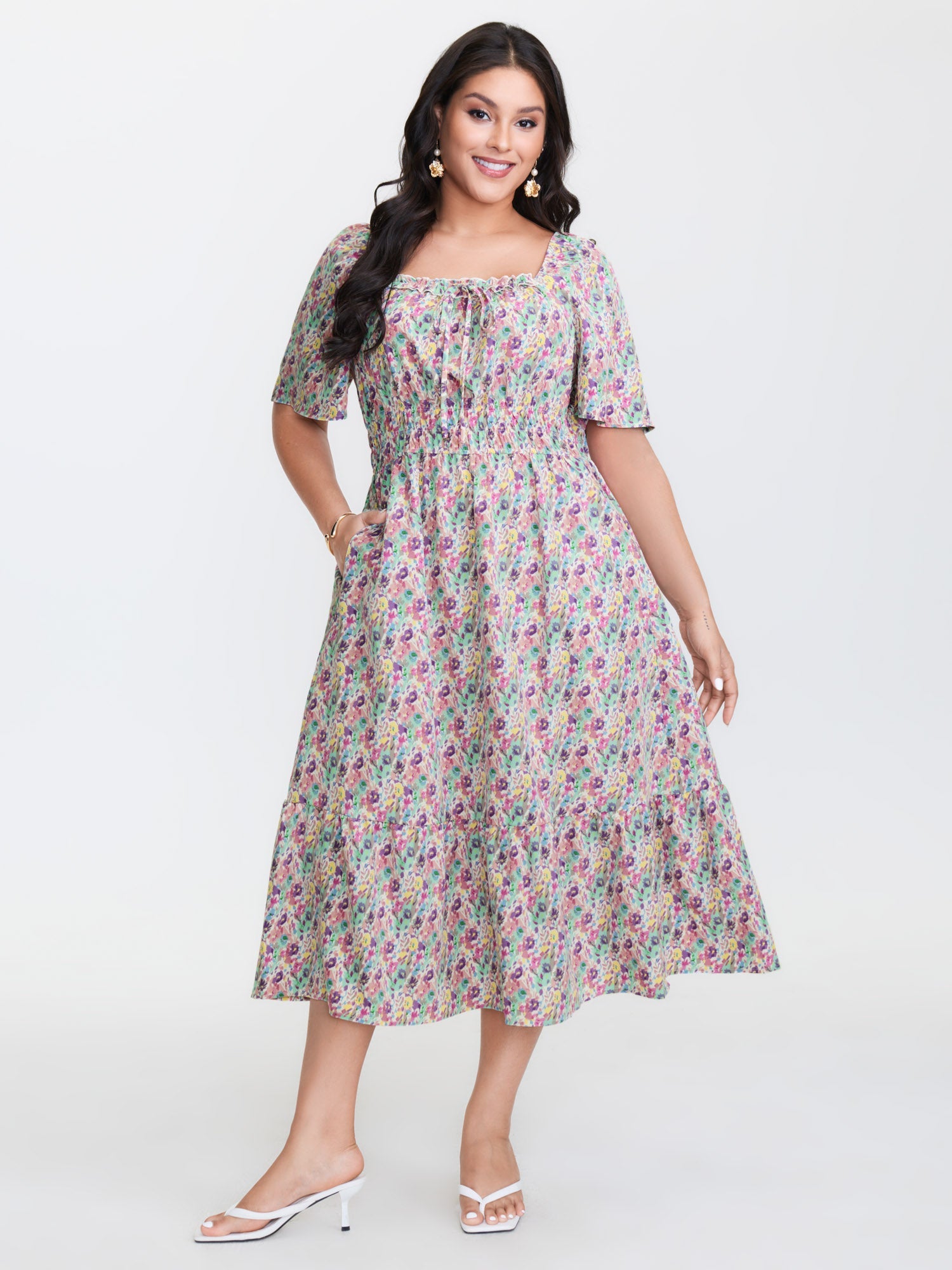 Smocked Waist Floral Ties Tiered Maxi Dress