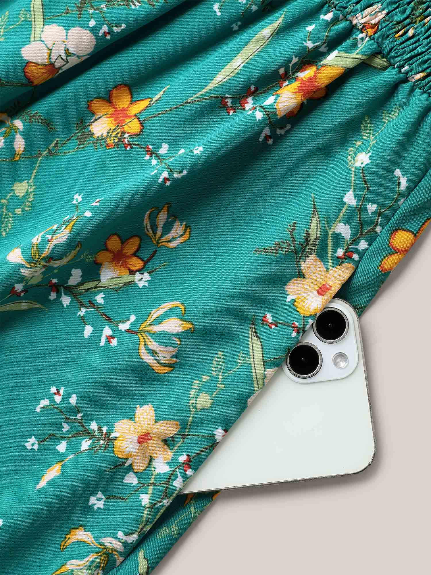 Shirred Printed Flutter Sleeve Pockets Midi Dress