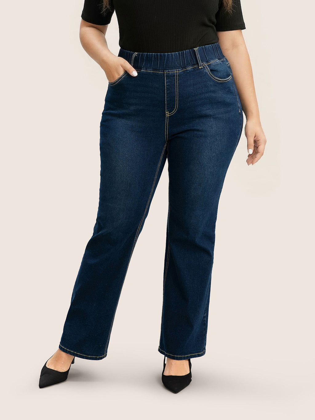 Pull-On Stretchy Waist Straight-Leg Jeans