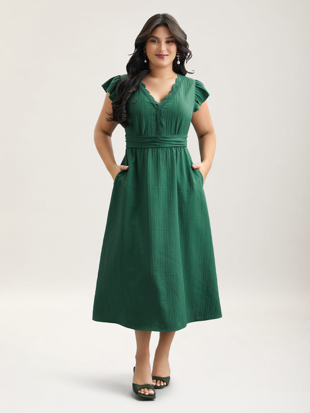 Lace Trim Stitch Textured Waist-Defined Midi Dress