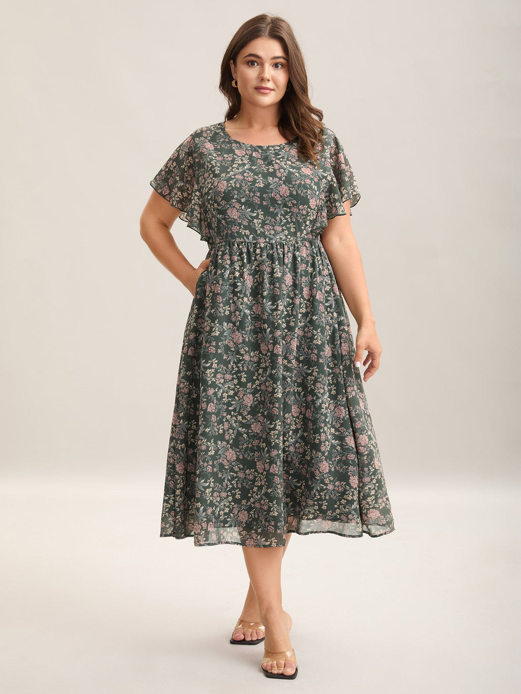 Chiffon Floral Print Ruffled Midi Dress