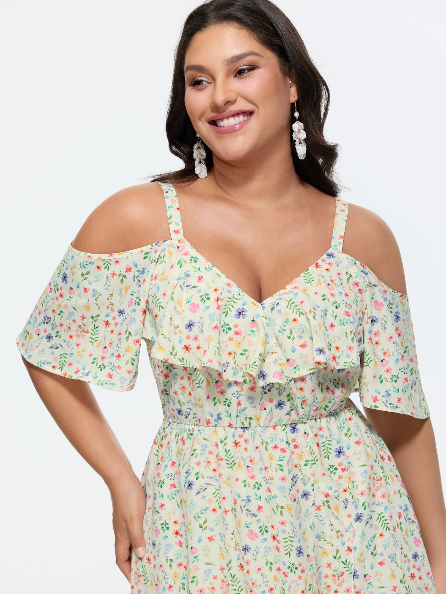 Ditsy Floral Pocket Wrap Cold Shoulder Ruffle Dress