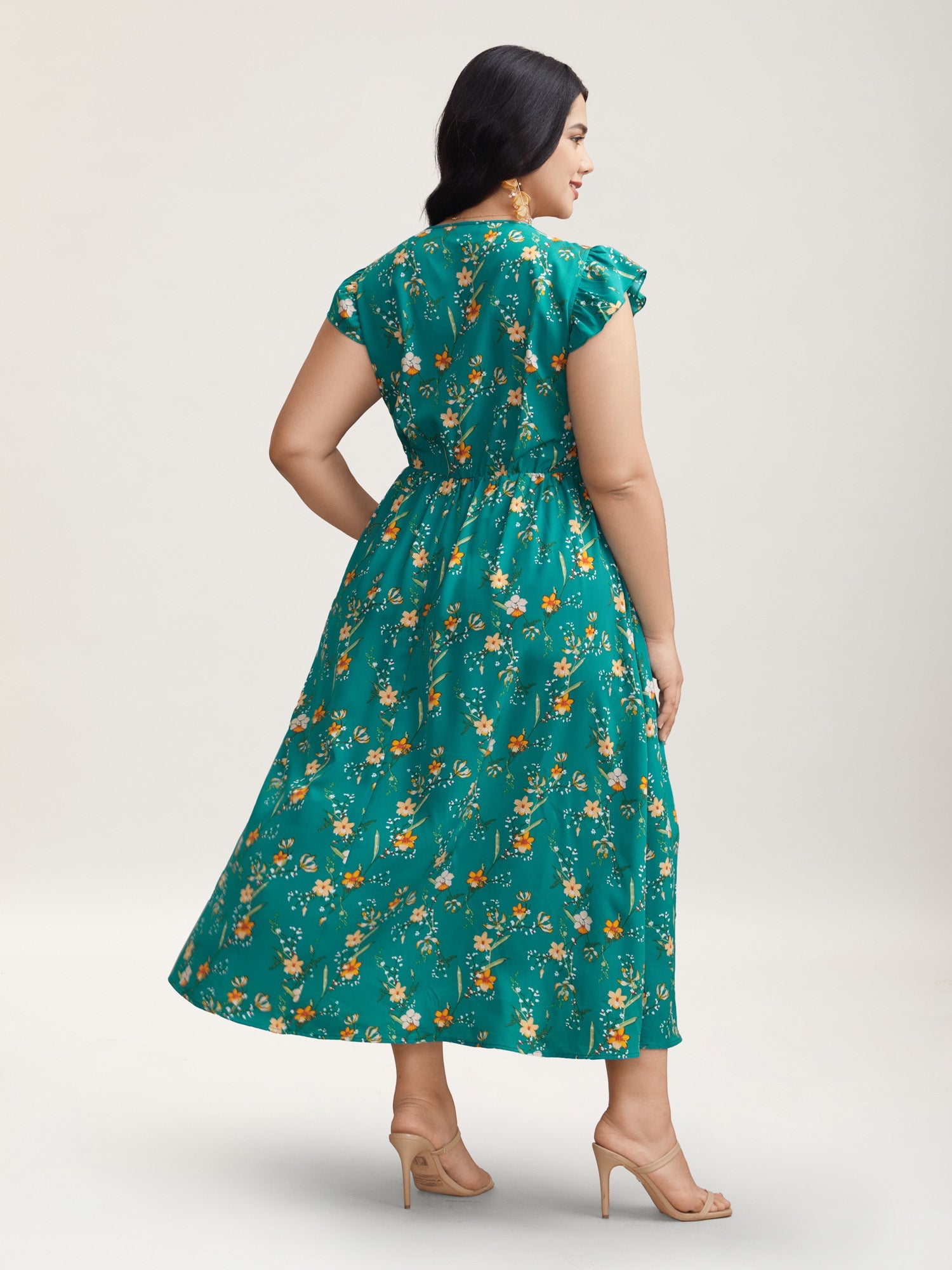 Shirred Printed Flutter Sleeve Pockets Midi Dress