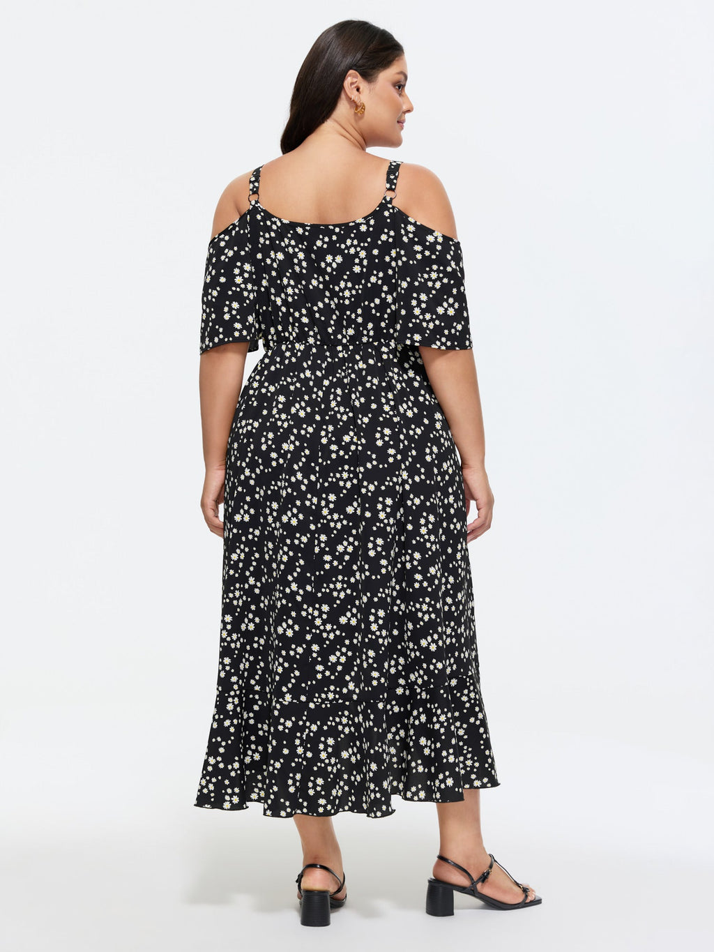 Ditsy Floral Pocket Wrap Cold Shoulder Ruffle Dress