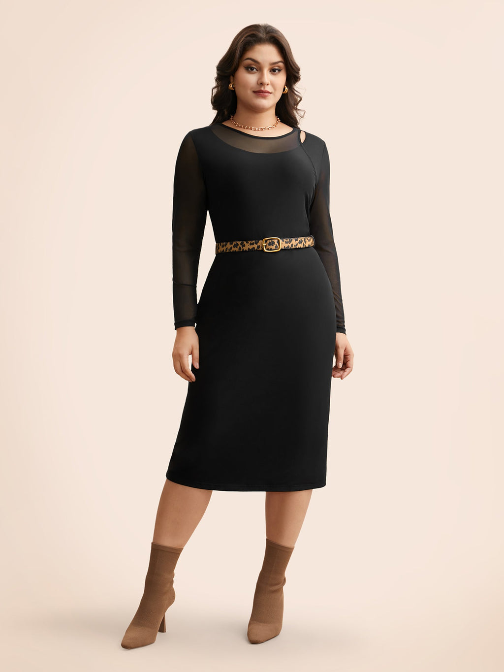 Crew Neck Patchwork Mesh Split Hem Dress