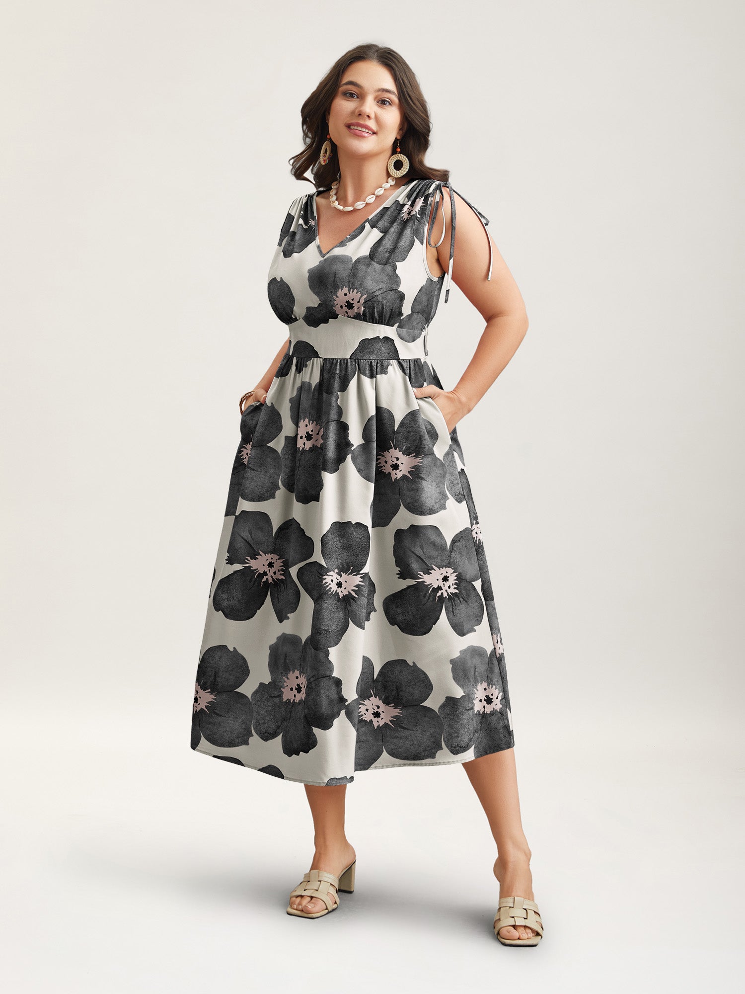 Floral Print V-Neck Tied Midi Dress
