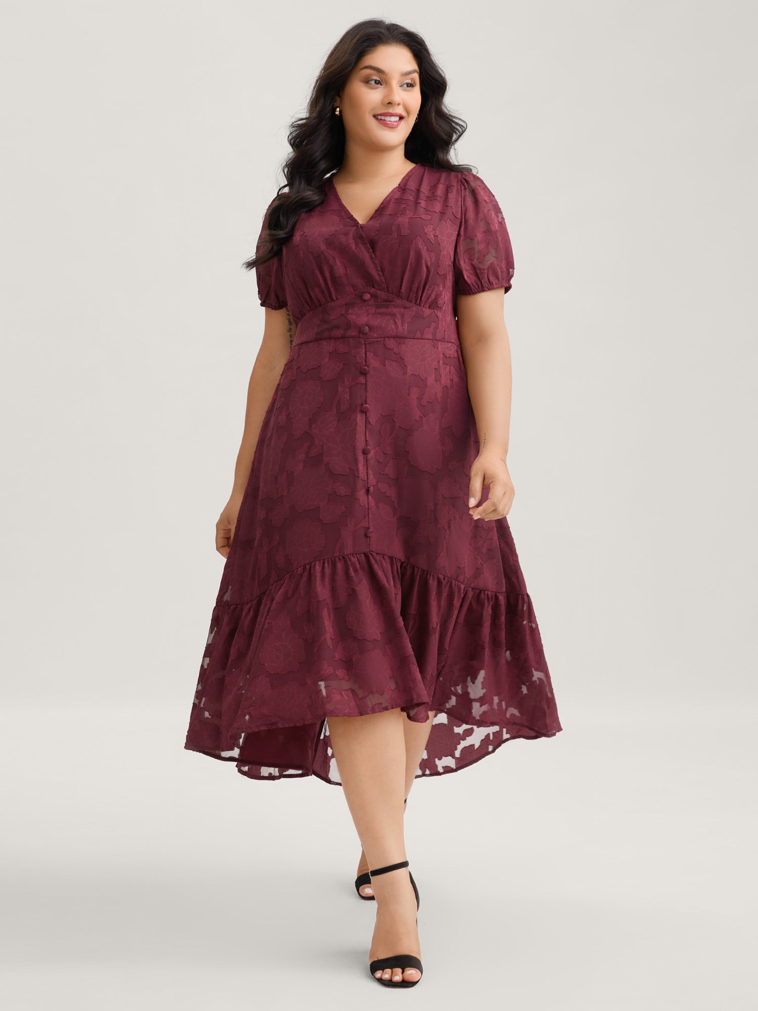 Solid Textured Lantern Sleeve Button Detail Dress