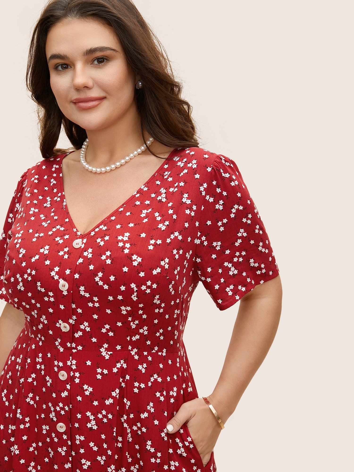 Ditsy Floral Button Detail Elastic Waist Midi Dress