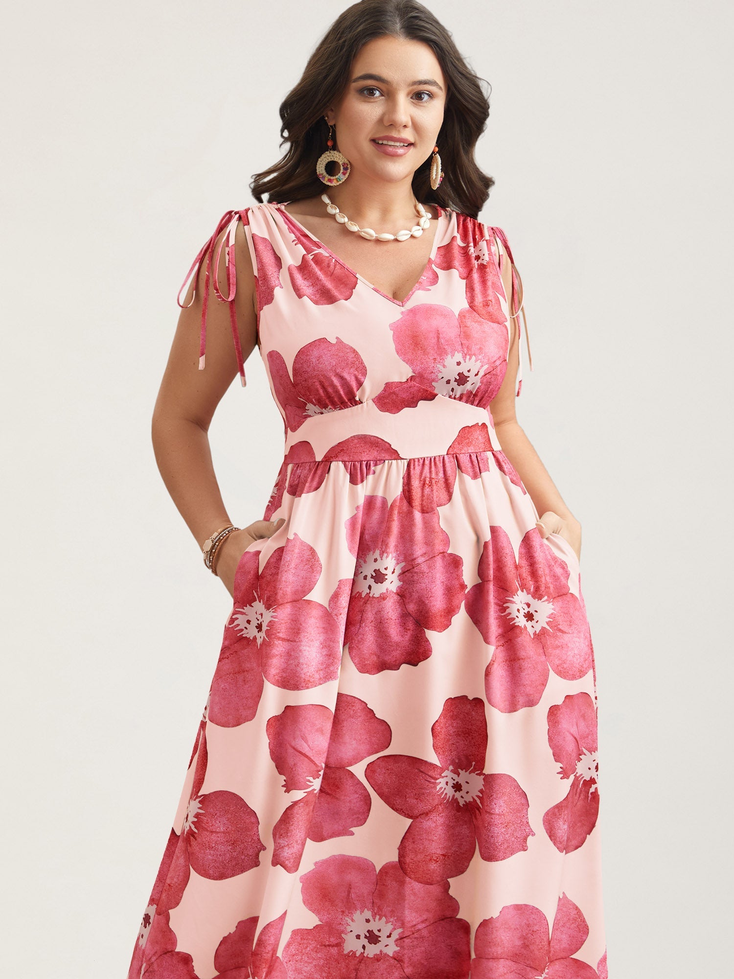 Floral Print V-Neck Tied Midi Dress
