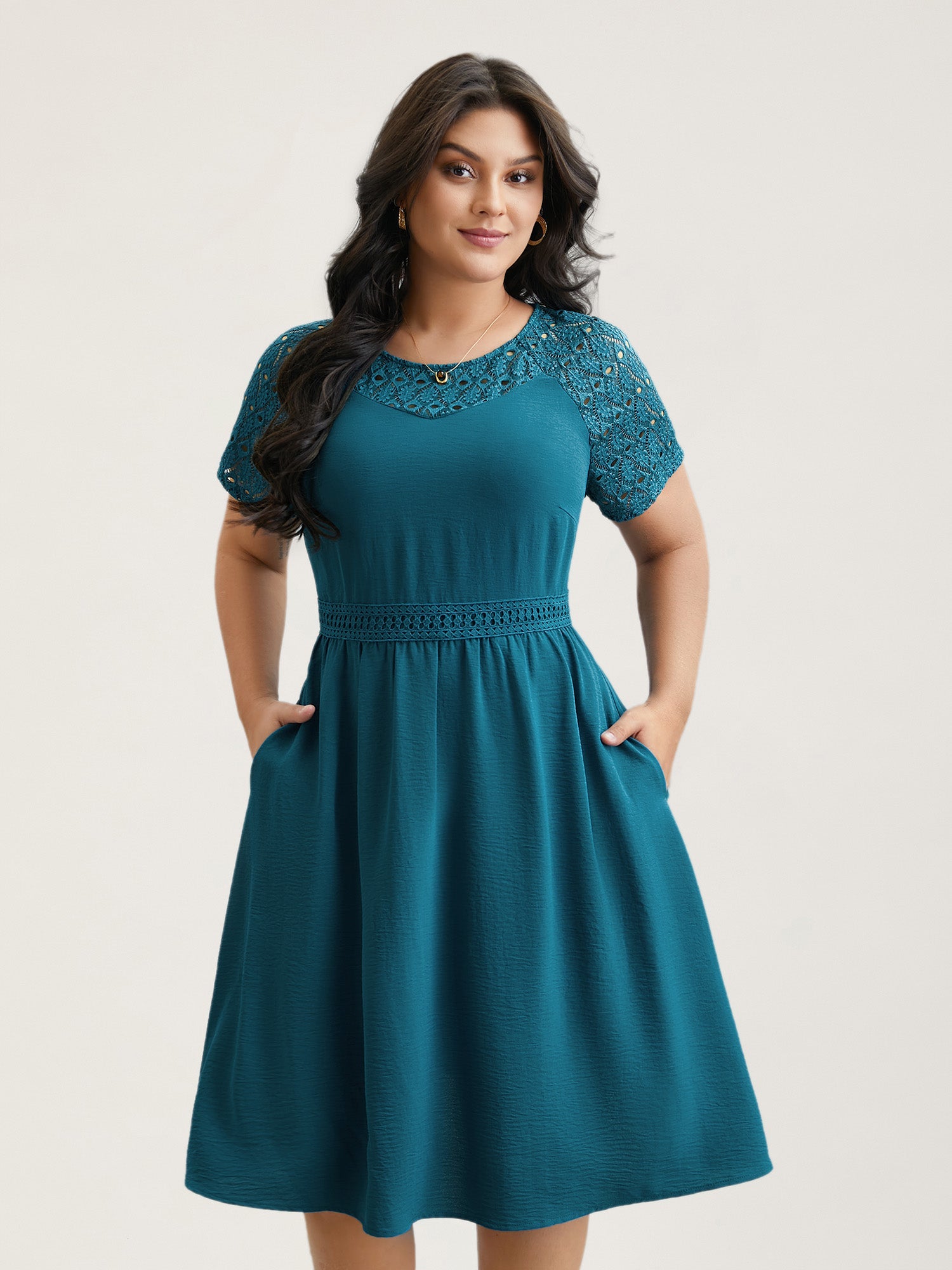Lace Cut-Out Raglan Sleeve Pockets Mini Dress