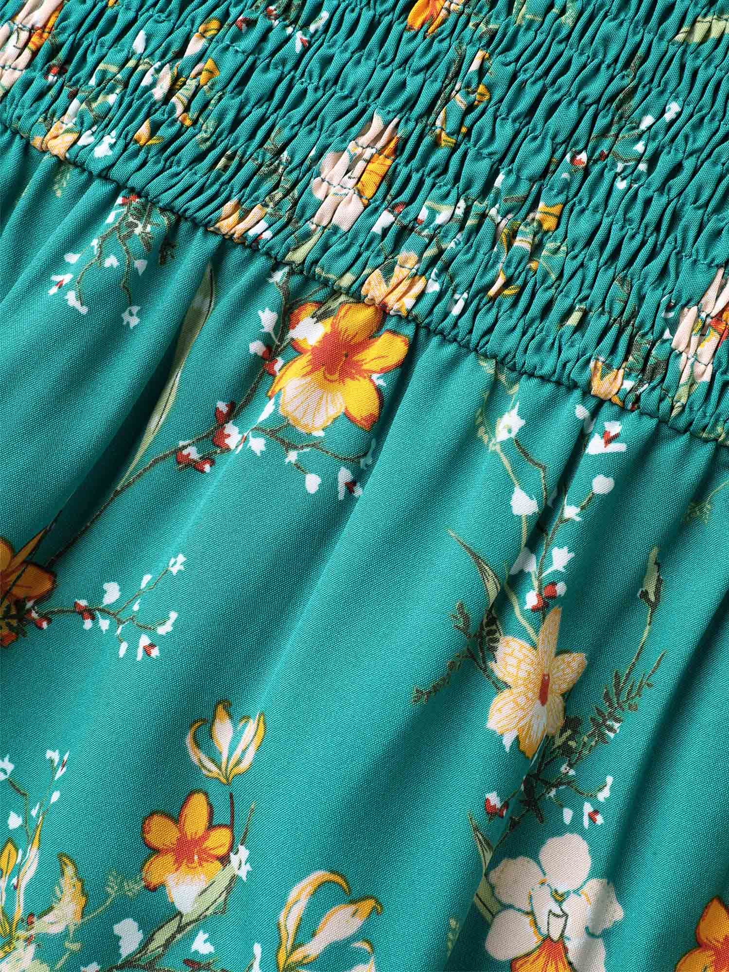 Shirred Printed Flutter Sleeve Pockets Midi Dress